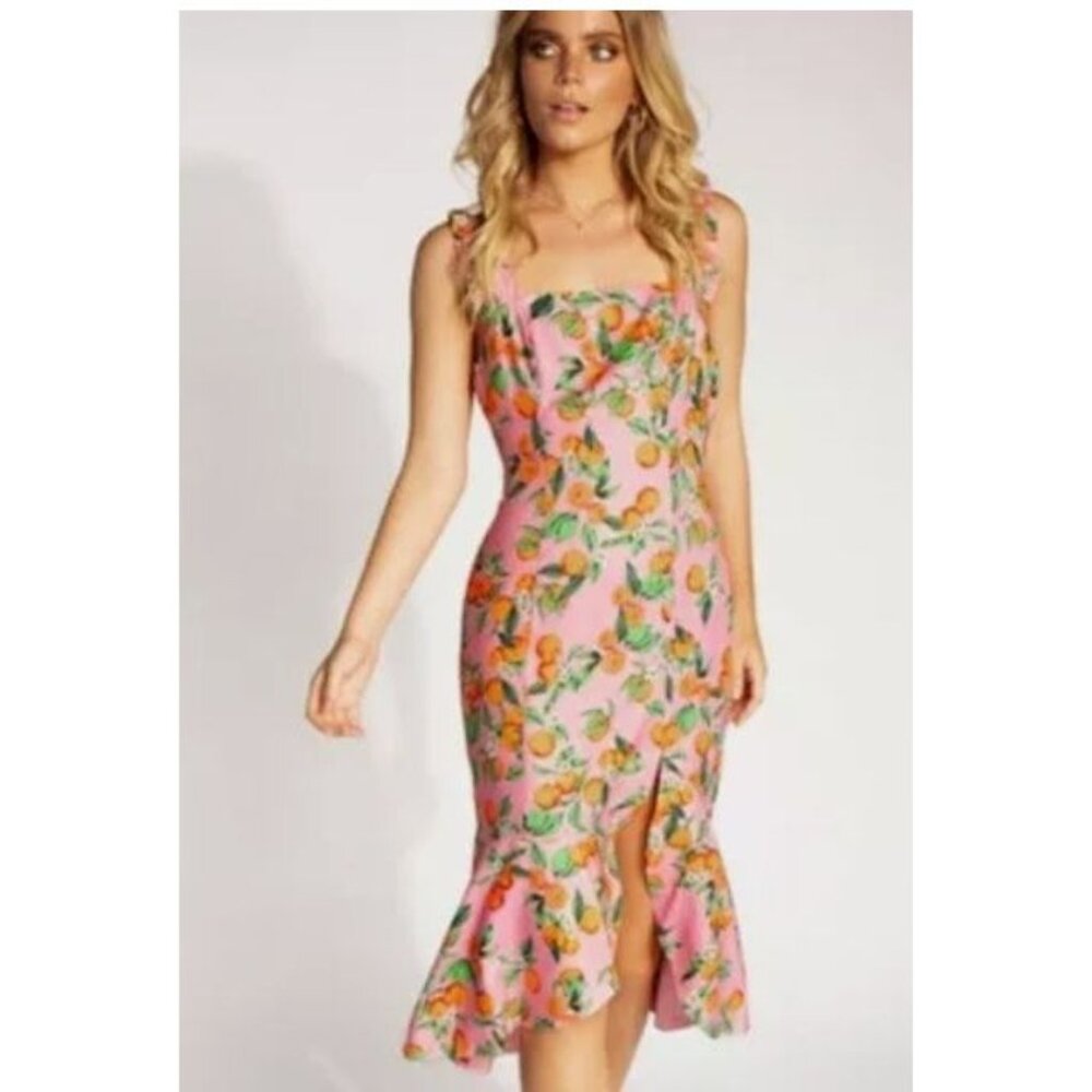 Finders Dress Pink with Orange Floral Aranciata Slit Hi Low V-Back Small
